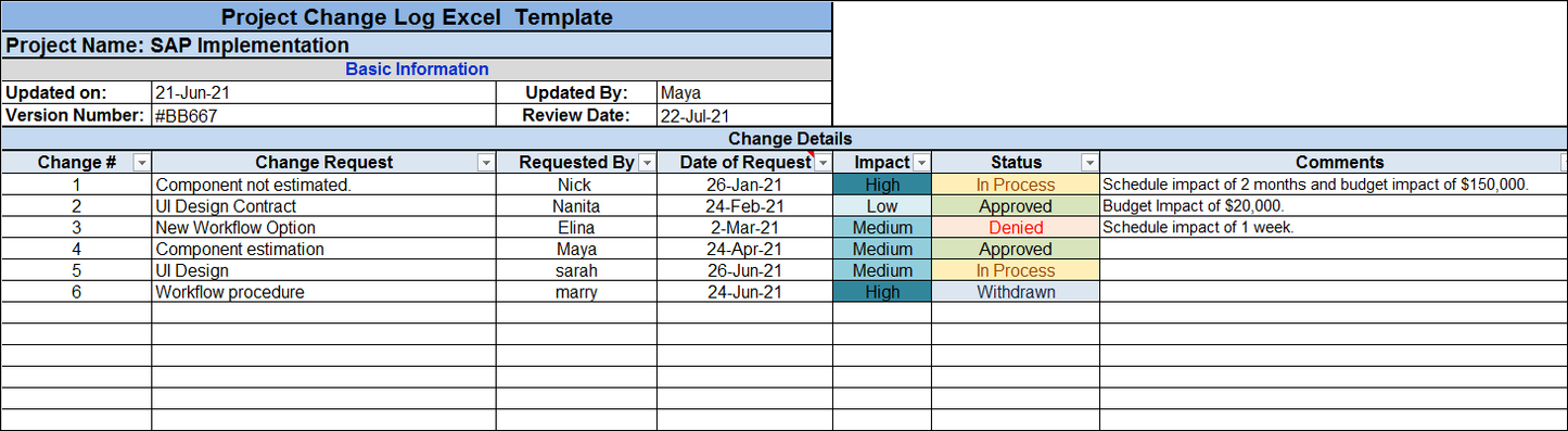 Project Change Log Excel Template